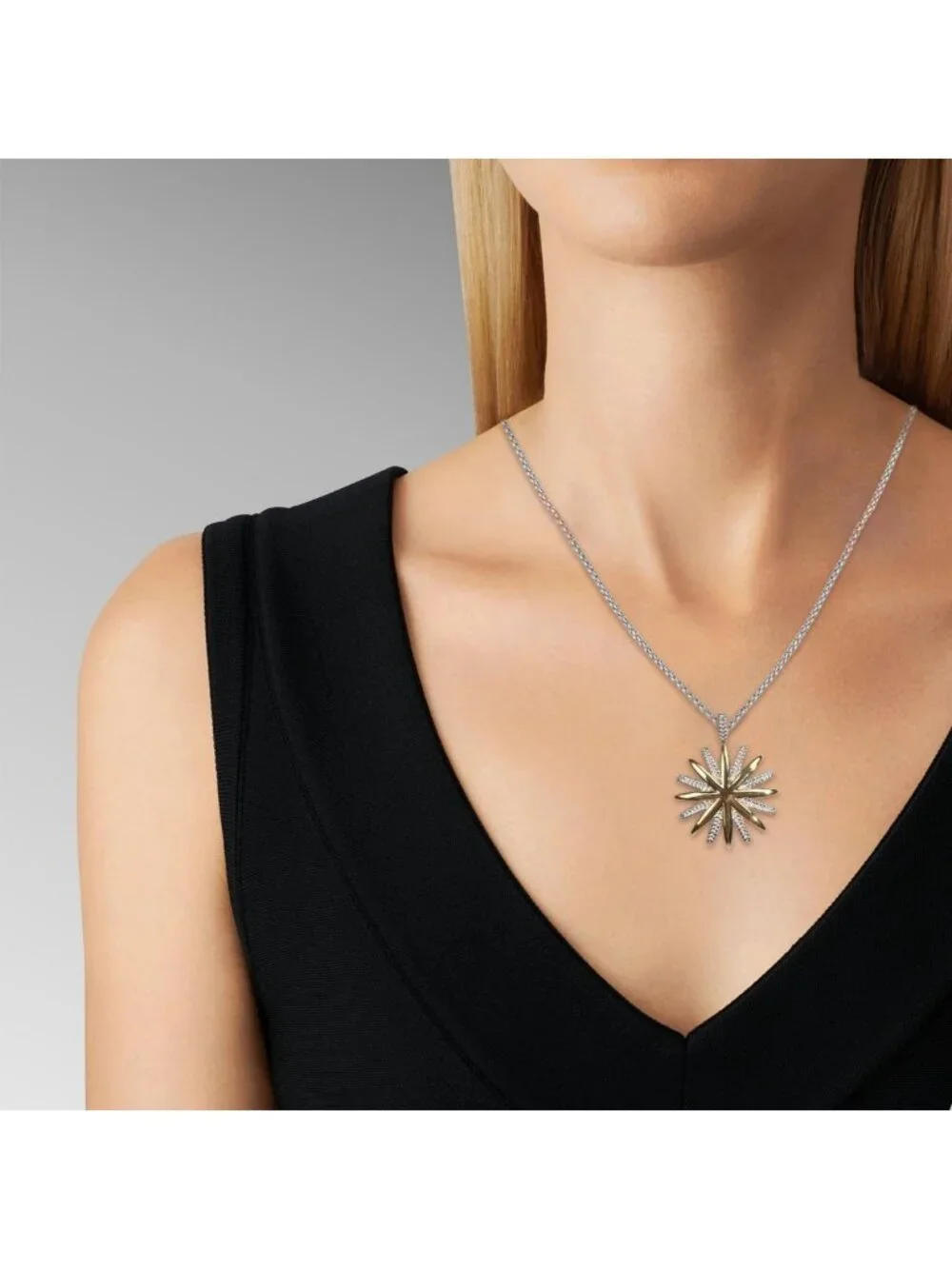 18K Gold Plated Two Tone Wheat Chain Necklace with Starburst Sunflower Pendant